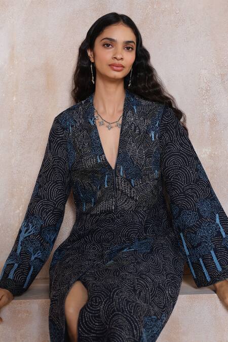 Shop_Grassroot By Anita Dongre_Blue Tussar, Silk, Cotton Embroidery V-neck Alvard Hand Kantha Dress _Online_at_Aza_Fashions