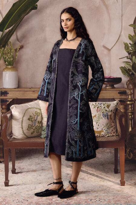 Grassroot By Anita Dongre Black Silk, Cotton Embroidery, Metallic Ahren Hand Kantha Jacket With Dress Online at Aza Fashions Grassroot By Anita Dongre_Black Silk, Cotton Embroidery, Metallic Ahren Hand Kantha Jacket With Dress _Online_at_Aza_Fashions