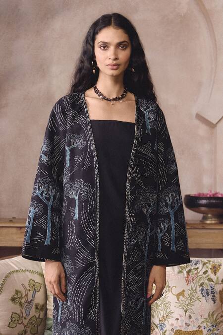 Buy Grassroot By Anita Dongre Black Silk, Cotton Embroidery, Metallic Ahren Hand Kantha Jacket With Dress Online at Aza Fashions Buy_Grassroot By Anita Dongre_Black Silk, Cotton Embroidery, Metallic Ahren Hand Kantha Jacket With Dress _Online_at_Aza_Fashions