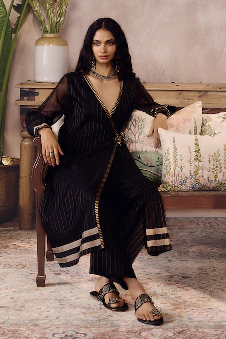 Buy_Grassroot By Anita Dongre_Black Cotton, Silk V-neck Androwe Handwoven Maheshwari Angarkha And Pant Set _Online_at_Aza_Fashions
