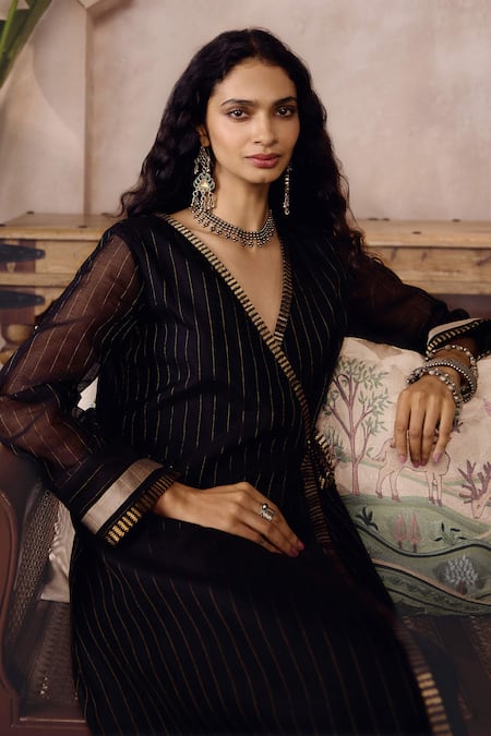 Shop_Grassroot By Anita Dongre_Black Cotton, Silk V-neck Androwe Handwoven Maheshwari Angarkha And Pant Set _Online_at_Aza_Fashions