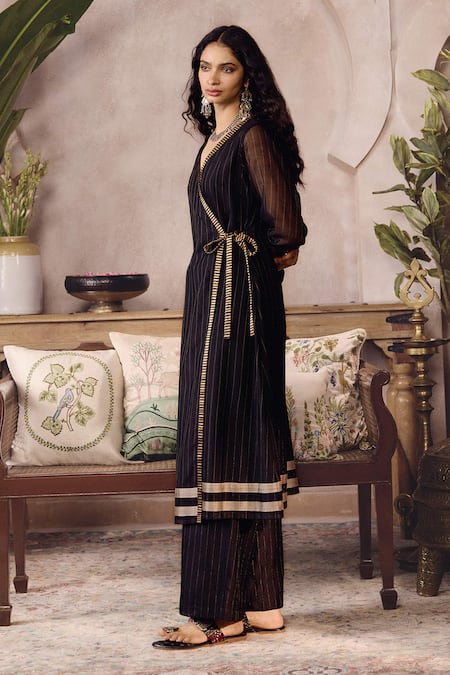 Grassroot By Anita Dongre_Black Cotton, Silk V-neck Androwe Handwoven Maheshwari Angarkha And Pant Set _at_Aza_Fashions