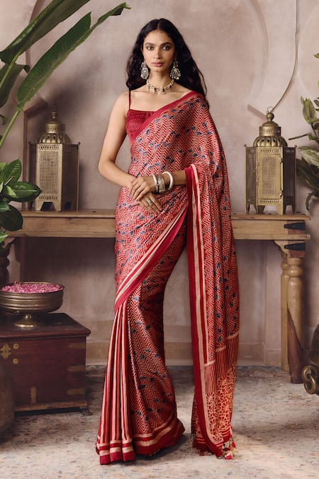Grassroot By Anita Dongre Fiann Ajrakh Hand Block Print Saree With Unstitched Blouse Piece 