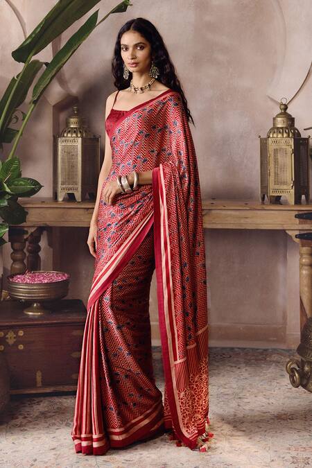 Grassroot By Anita Dongre_Red Modal, Fiann Ajrakh Hand Block Print Saree With Unstitched Blouse Piece _Online_at_Aza_Fashions
