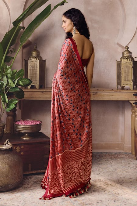 Grassroot By Anita Dongre Fiann Ajrakh Hand Block Print Saree With Unstitched Blouse Piece 