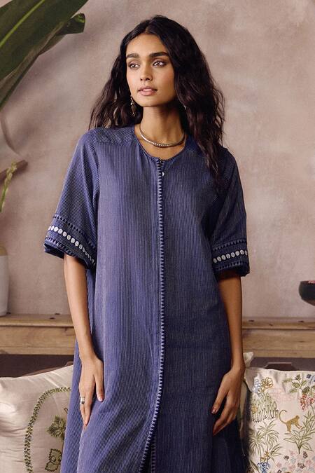 Grassroot By Anita Dongre_Blue Cotton Embroidery Round Neck Claramay Handwoven Kurta And Pant Set _Online_at_Aza_Fashions