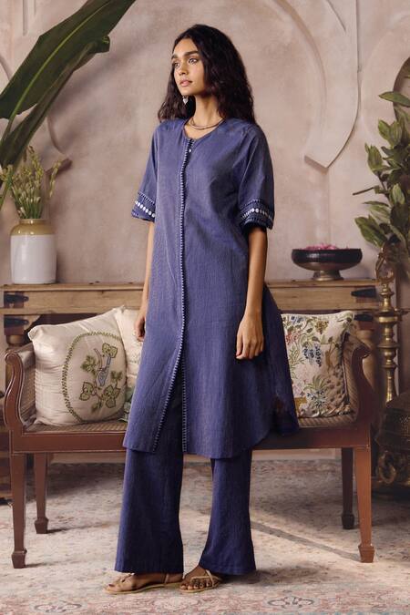 Buy_Grassroot By Anita Dongre_Blue Cotton Embroidery Round Neck Claramay Handwoven Kurta And Pant Set _Online_at_Aza_Fashions