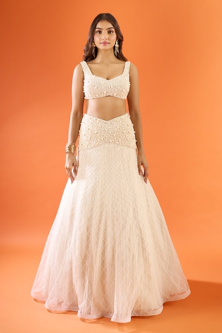 Buy_Couture By Niharika_Ivory Net Pearls, Stones Sweetheart Neck Embroidered Lehenga Set _Online_at_Aza_Fashions