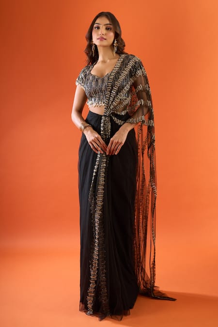 COUTURE BY NIHARIKA_Black Sequins, Beads Sweetheart Neck Pre-draped Saree With Embroidered Blouse _at_Aza_Fashions