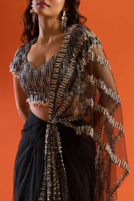 Buy_COUTURE BY NIHARIKA_Black Sequins, Beads Sweetheart Neck Pre-draped Saree With Embroidered Blouse 