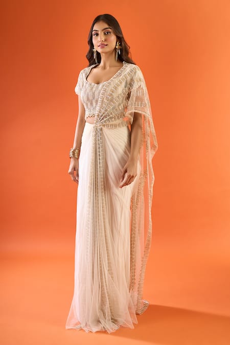 Buy_COUTURE BY NIHARIKA_Ivory Sequins, Zari, Beads Square Neck Pre-draped Saree With Embroidered Blouse _Online_at_Aza_Fashions