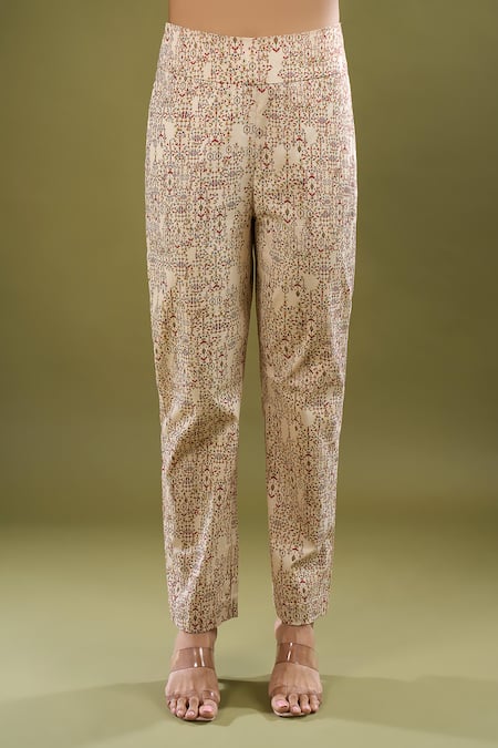 Buy_Anamika Khanna_Off White Sequins, Embroidery, Foil Printing Round Neck Printed Kurta Set _Online_at_Aza_Fashions