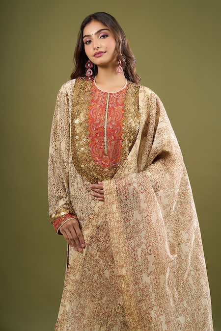 Shop_Anamika Khanna_Off White Sequins, Embroidery, Foil Printing Round Neck Printed Kurta Set _Online_at_Aza_Fashions