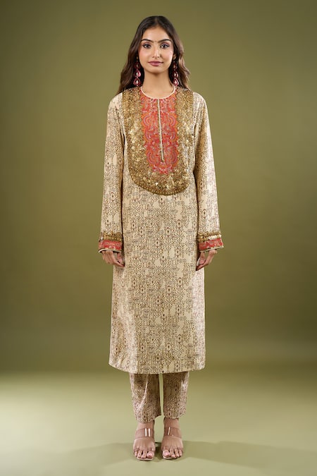 Anamika Khanna_Off White Sequins, Embroidery, Foil Printing Round Neck Printed Kurta Set _at_Aza_Fashions