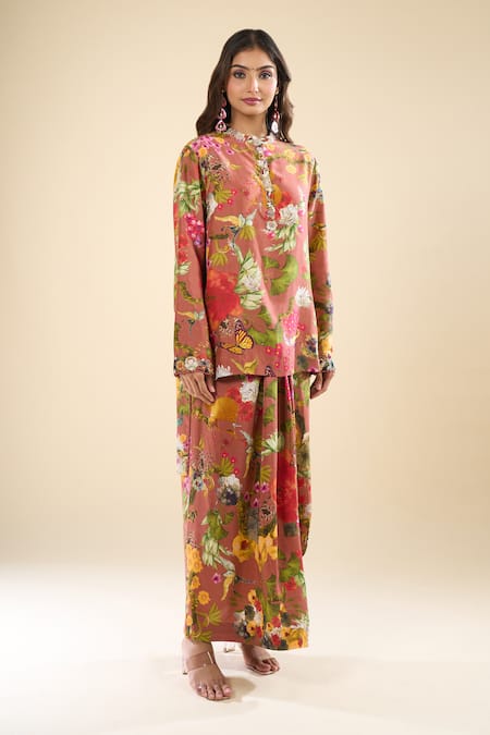 Anamika Khanna_Pink Mandarin Collar Printed Kurta And Skirt Set _Online_at_Aza_Fashions