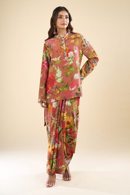 Buy_Anamika Khanna_Pink Mandarin Collar Printed Kurta And Skirt Set _Online_at_Aza_Fashions