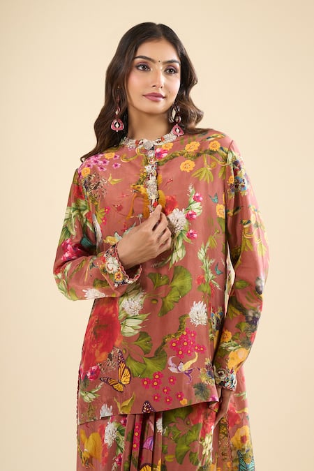 Shop_Anamika Khanna_Pink Mandarin Collar Printed Kurta And Skirt Set _Online_at_Aza_Fashions