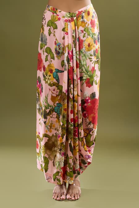 Anamika Khanna_Pink Sequins, Embroidery Mandarin Collar Short Printed Kurta And Skirt Set _Online_at_Aza_Fashions