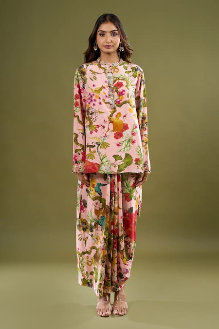 Buy_Anamika Khanna_Pink Sequins, Embroidery Mandarin Collar Short Printed Kurta And Skirt Set _Online_at_Aza_Fashions