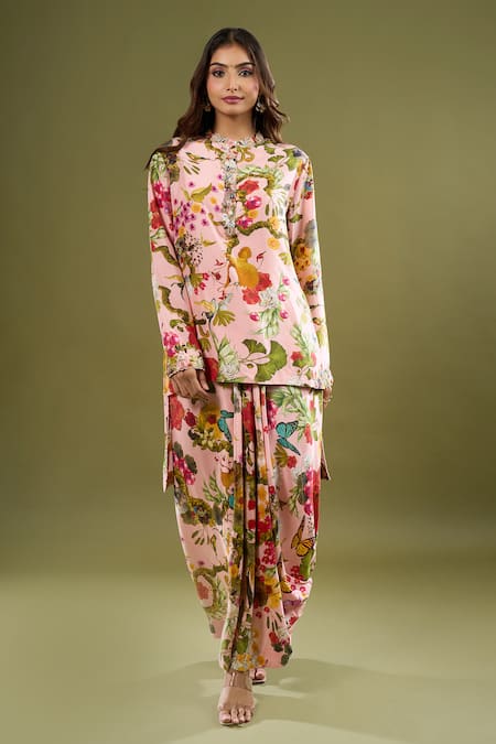 Shop_Anamika Khanna_Pink Sequins, Embroidery Mandarin Collar Short Printed Kurta And Skirt Set _Online_at_Aza_Fashions