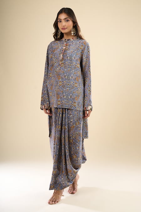 Anamika Khanna_Blue Mandarin Collar Printed Kurta Set _Online_at_Aza_Fashions