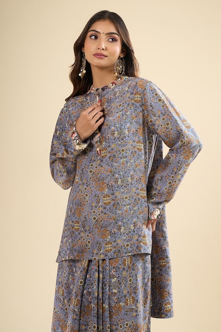 Buy_Anamika Khanna_Blue Mandarin Collar Printed Kurta Set _Online_at_Aza_Fashions