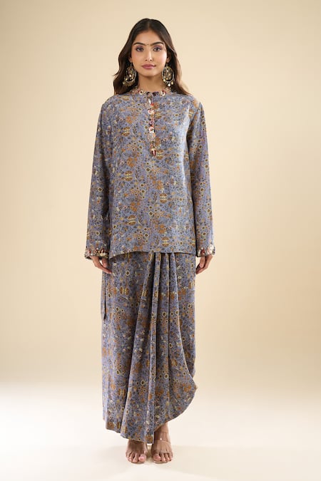 Shop_Anamika Khanna_Blue Mandarin Collar Printed Kurta Set _Online_at_Aza_Fashions