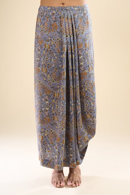 Anamika Khanna_Blue Mandarin Collar Printed Kurta Set _at_Aza_Fashions