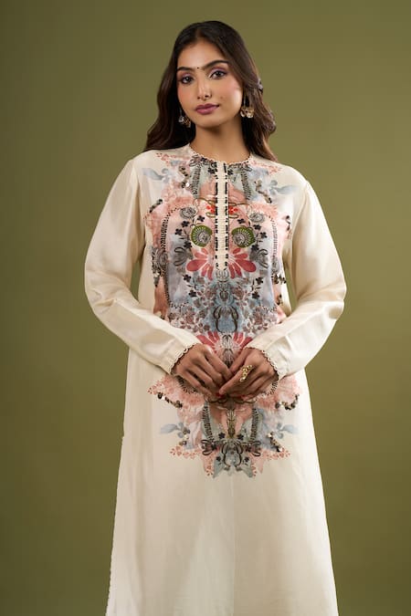 Buy Anamika Khanna Off White Sequins Mandarin Collar Placement Printed Kurta Pant Set Online at Aza Fashions Buy_Anamika Khanna_Off White Sequins Mandarin Collar Placement Printed Kurta Pant Set _Online_at_Aza_Fashions