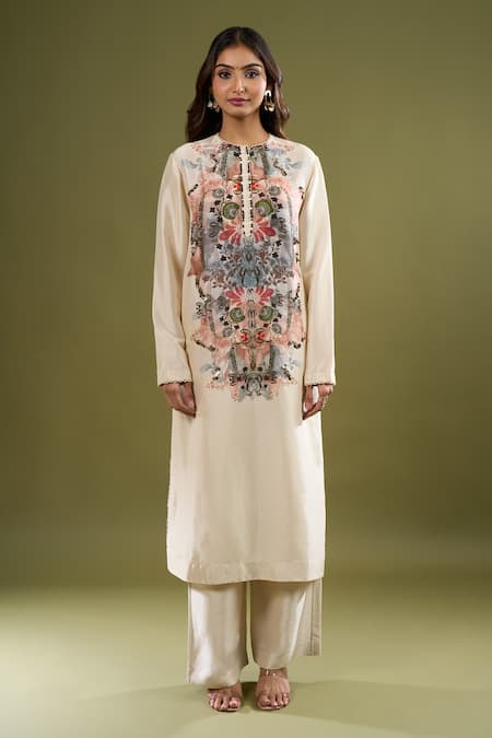 Anamika Khanna Off White Sequins Mandarin Collar Placement Printed Kurta Pant Set at Aza Fashions Anamika Khanna_Off White Sequins Mandarin Collar Placement Printed Kurta Pant Set _at_Aza_Fashions