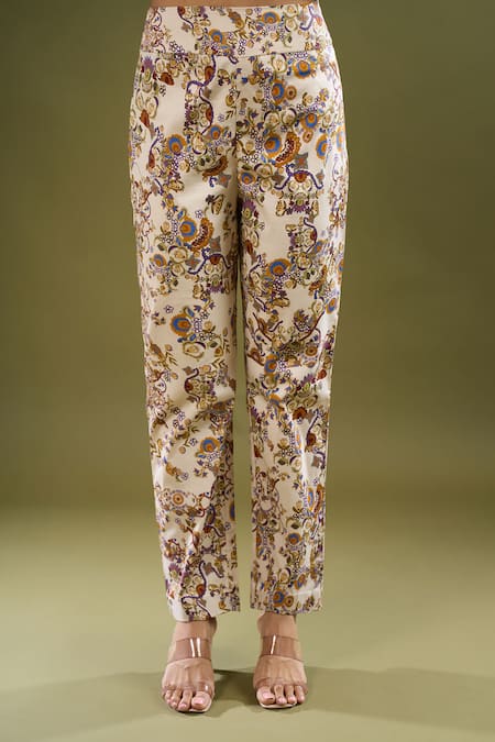 Buy_Anamika Khanna_Off White Embroidery, Sequins Mandarin Collar Printed Kurta Pant Set _Online_at_Aza_Fashions