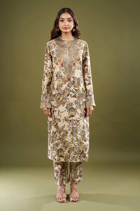 Buy_Anamika Khanna_Off White Embroidery, Sequins Mandarin Collar Printed Kurta Pant Set 