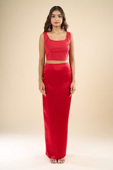 Anamika Khanna_Red High , Square Embroidered Cape Draped Skirt Set _Online_at_Aza_Fashions