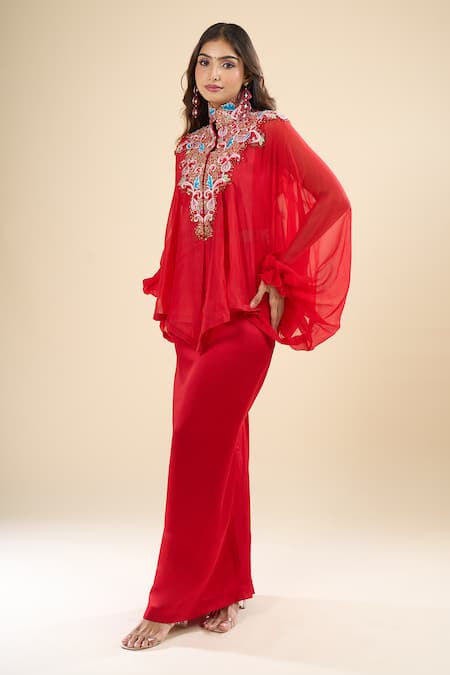 Buy_Anamika Khanna_Red High , Square Embroidered Cape Draped Skirt Set _Online_at_Aza_Fashions