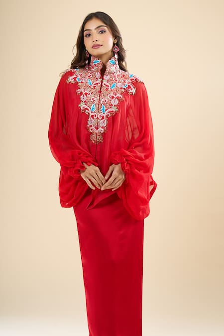 Buy_Anamika Khanna_Red High , Square Embroidered Cape Draped Skirt Set 
