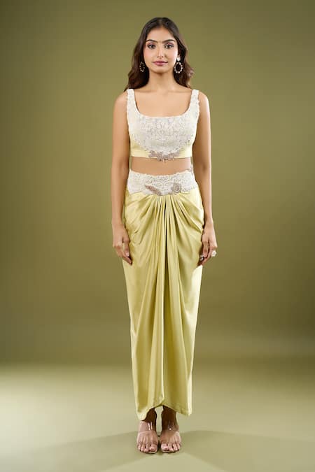 Anamika Khanna_Green Embroidery, Sequins Open , Square Cape Draped Skirt Set _Online_at_Aza_Fashions