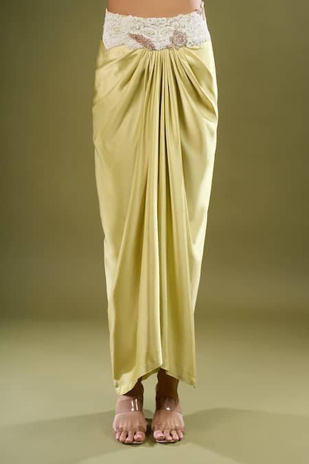 Buy_Anamika Khanna_Green Embroidery, Sequins Open , Square Cape Draped Skirt Set _Online_at_Aza_Fashions