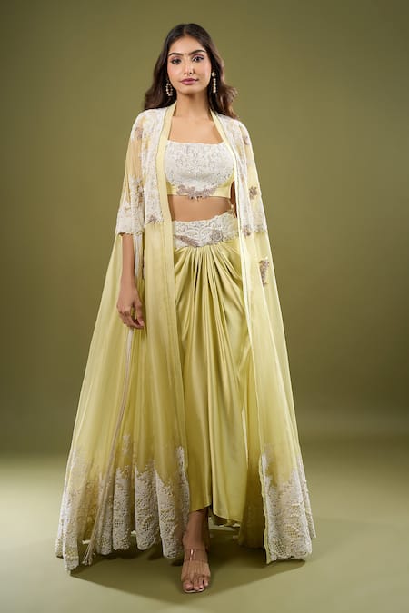 Shop_Anamika Khanna_Green Embroidery, Sequins Open , Square Cape Draped Skirt Set _Online_at_Aza_Fashions