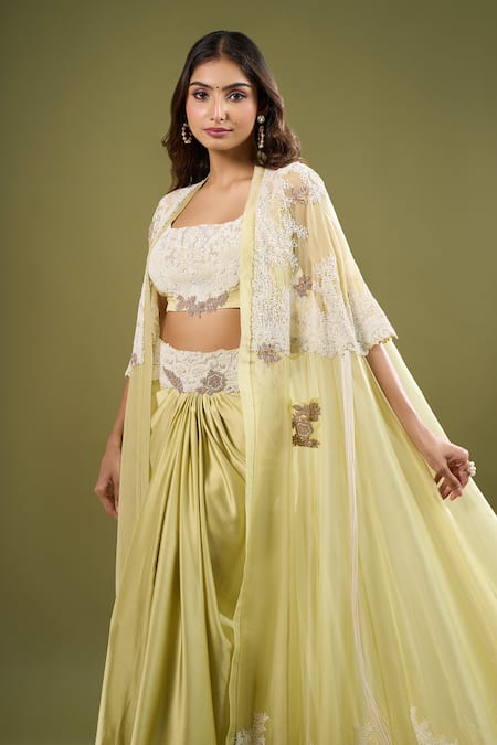 Anamika Khanna_Green Embroidery, Sequins Open , Square Cape Draped Skirt Set _at_Aza_Fashions