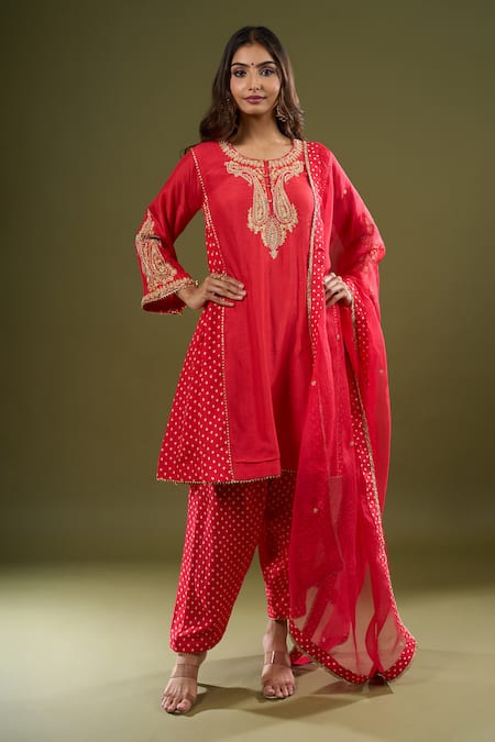Buy_Sheetal Batra_Red Embroidery, Zari, Piping, Foil Printing Round Neck Kurta Set _Online_at_Aza_Fashions