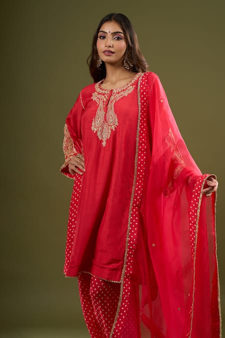 Shop_Sheetal Batra_Red Embroidery, Zari, Piping, Foil Printing Round Neck Kurta Set _Online_at_Aza_Fashions