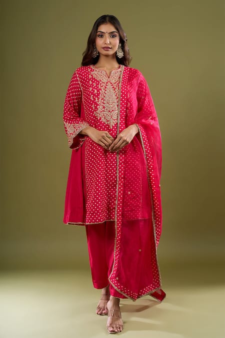Sheetal Batra_Pink Embroidery, Zari, Gota Patti Split V-neck Gathered Kurta Set _Online_at_Aza_Fashions