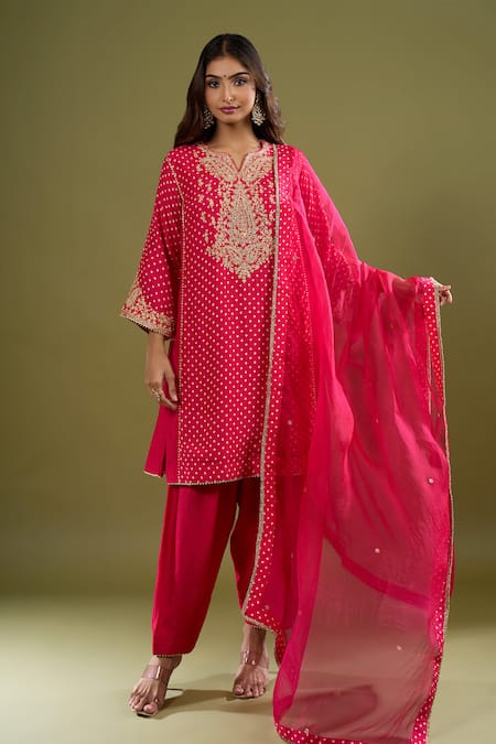 Shop_Sheetal Batra_Pink Embroidery, Zari, Gota Patti Split V-neck Gathered Kurta Set _Online_at_Aza_Fashions