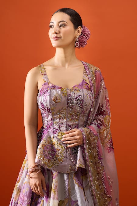Mahima Mahajan_Purple Sequins, Stones, Embroidery, Zari Sweetheart Floral Print Lehenga Set _at_Aza_Fashions