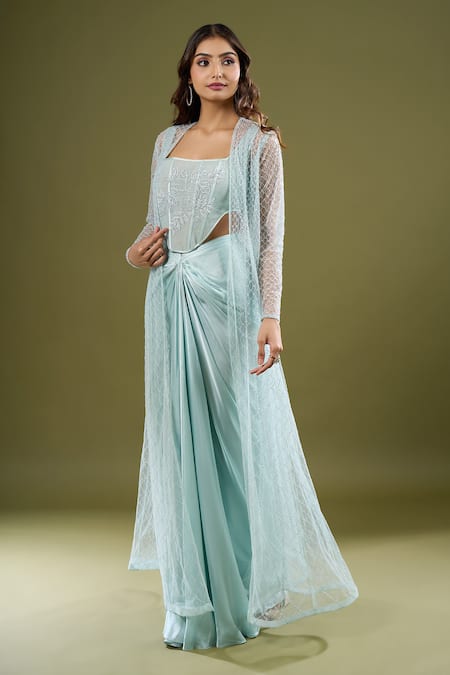 COUTURE BY NIHARIKA_Sky Blue Embroidery Round , Square Cape Skirt Set _Online_at_Aza_Fashions