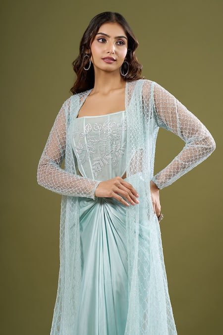 Buy_COUTURE BY NIHARIKA_Sky Blue Embroidery Round , Square Cape Skirt Set 