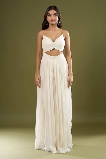 Buy_Couture By Niharika_Ivory Sweetheart , Round Pleated Jumpsuit With Cape _Online_at_Aza_Fashions