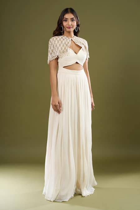 Shop_Couture By Niharika_Ivory Sweetheart , Round Pleated Jumpsuit With Cape _Online_at_Aza_Fashions