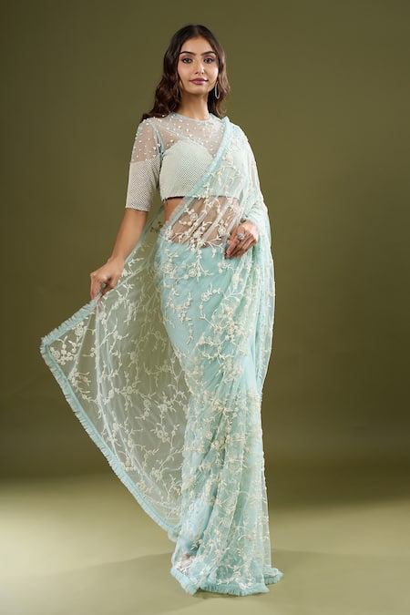COUTURE BY NIHARIKA Blue Net Embroidery, Beads Round Neck Saree With Blouse at Aza Fashions COUTURE BY NIHARIKA_Blue Net Embroidery, Beads Round Neck Saree With Blouse _at_Aza_Fashions