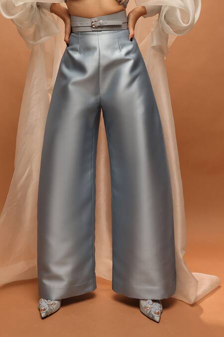 Pankaj & Nidhi_Off White Twill High Neck, Collared Araquis Arctic Aura Cape Set _Online_at_Aza_Fashions